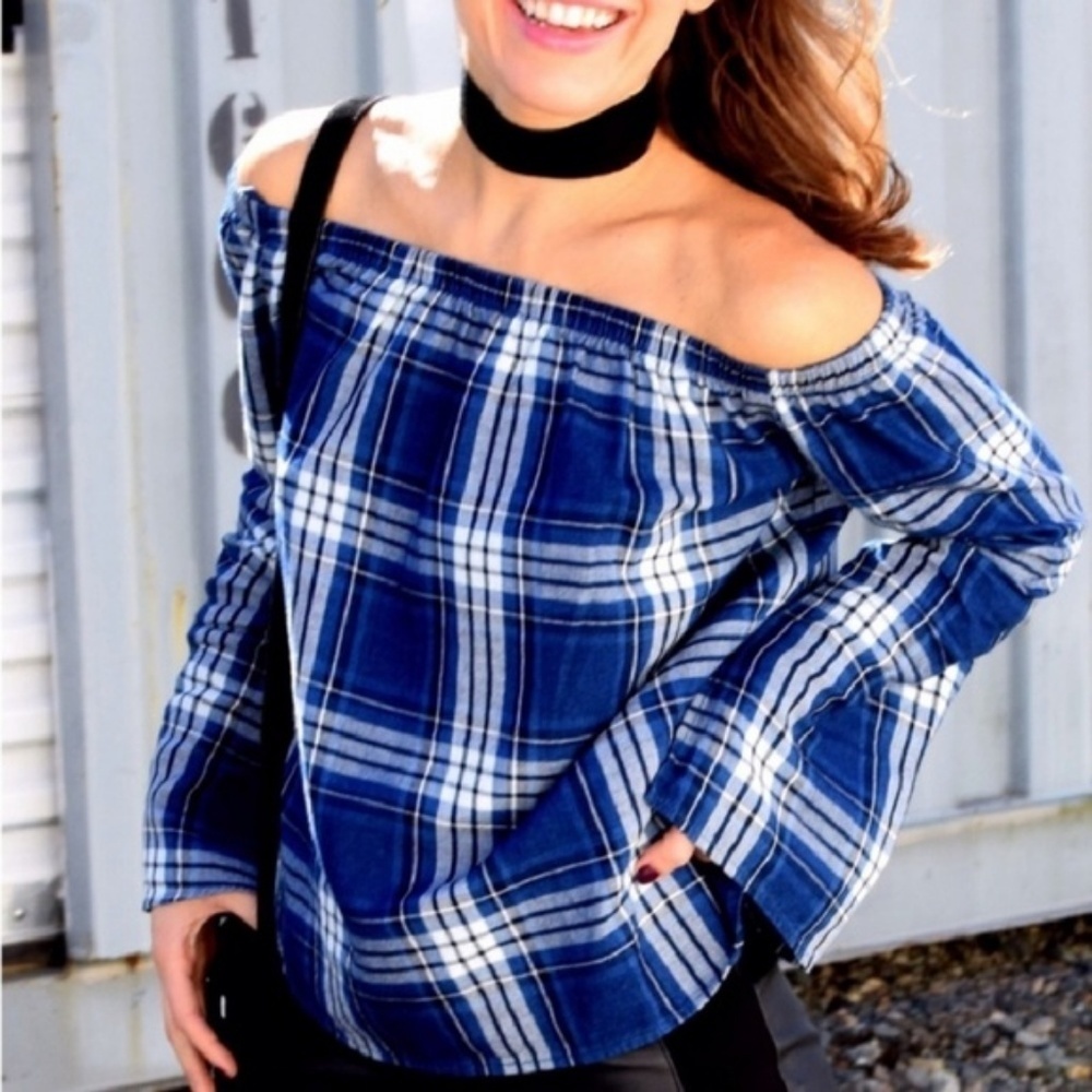 Cloth & Stone Cotton Off the Shoulder Plaid Blouse SZ S
